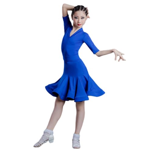 HWBZSZY Professionelles Latin Dance Performance Turnierkleid Für Mädchen, Großer Schaukelrock Mit Trikot Langarm Training Tanzkostüm Zweiteiliges Set,Blau,130 von HWBZSZY