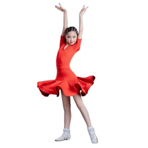 HWBZSZY Professionelles Latin Dance Performance Turnierkleid Für Mädchen, Großer Schaukelrock Mit Trikot Langarm Training Tanzkostüm Zweiteiliges Set,Rot,140 von HWBZSZY