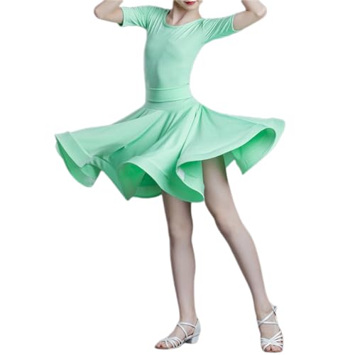 Kinder Mädchen Rüschen Kurzärmeliges Lateinkleid + Trikot Tanzübungskostüm Wettbewerb Leistung Kinder Tanzbekleidung Für Ballsaal Tango Salsa Tanzrock,Grün,140cm von HWBZSZY