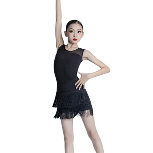 Kinder Mädchen Standard Latein-Tanz-Kleid Kinder ärmelloses Mesh-Trikot Ballsaal-Tanzquastenrock für Salsa Rumba Cha Cha Tango Performance Tanzbekleidung,Schwarz,160cm von HWBZSZY