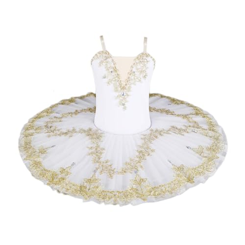 Kinder Mädchen glänzend Strass Ballett Tutu Kleid Ballerina ärmellose Blumen Stickerei Trikot Gymnastik Praxis Tanz Performance Body Kostüm,Weiß,140cm von HWBZSZY