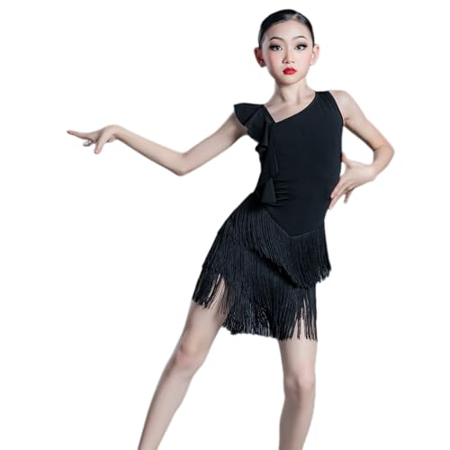 Mädchen Kinder Fransen Tanzkleid Performance Ballsaal Kostüm Salsa Tango Quaste Latein Tanz Übung Rock Wettbewerb Tanzbekleidung,Schwarz,150cm von HWBZSZY