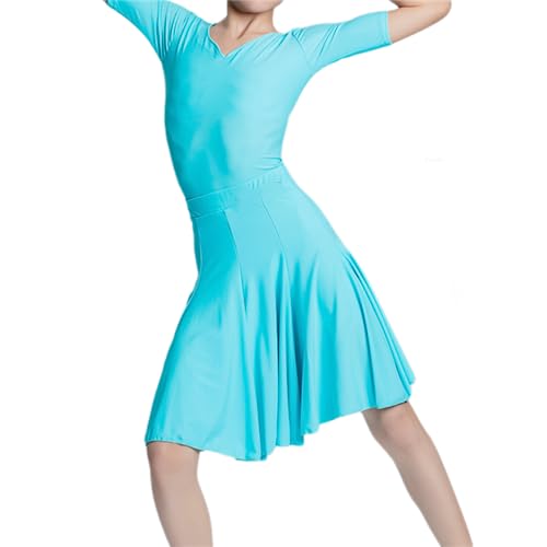Standard Lateintanzkleid für Mädchen mit Kurzen Ärmeln – Kinder Ballsaal Rumba Cha-Cha Samba Tango Top Rock Übungskleidung – Tanz Performance Kostüm mit Rüschen und Falten,Blau,140cm von HWBZSZY