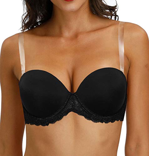 36DDD Trägerloser BH in großen Größen mit transparenten Trägern, transparenter Rücken, wandelbare Spitze, schwarz von HWDI