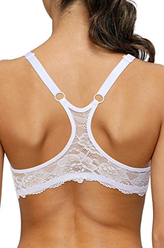 Damen Front Closure Racerback mit Spitze BH Push Up Gepolstert Plunge Bügel Büstenhalter, Weiß, 90A von HWDI