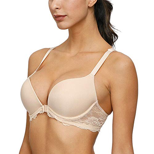 Damen Front Closure Racerback mit Spitze BH Push Up Gepolstert Plunge Bügel Büstenhalter, nude, 100A von HWDI