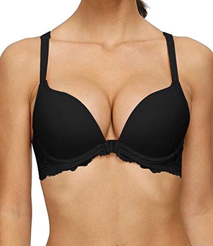 Damen Front Closure Racerback mit Spitze BH Push Up Gepolstert Plunge Bügel Büstenhalter, schwarz, 95A von HWDI