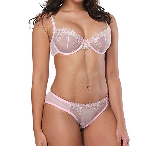 HWDI Durchsichtiger BH und Höschen für Damen, mit Bügel, Netzstoff, ungefüttert, sexy, florale Spitze, Bralettes in Übergröße, Rosa BH + Höschen, 90B von HWDI