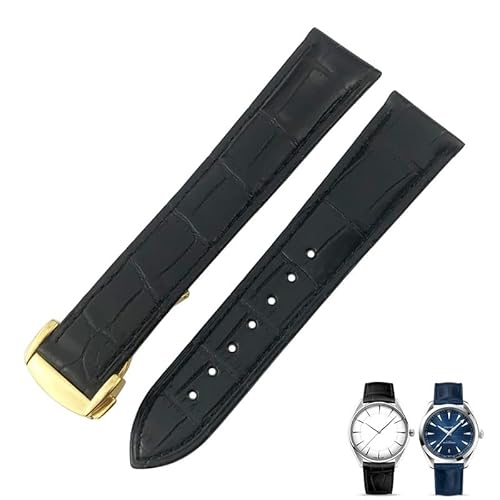 HGNOF Krokodilleder-Uhrenarmband, passend für Omega De Ville Seamaster Constellation 18 mm, 19 mm, 20 mm, 21 mm, 22 mm, echtes Alligatorlederarmband(Black gold,18mm) von HWGO
