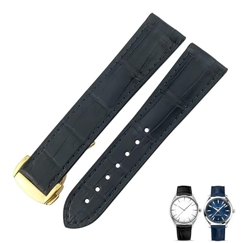 HGNOF Krokodilleder-Uhrenarmband, passend für Omega De Ville Seamaster Constellation 18 mm, 19 mm, 20 mm, 21 mm, 22 mm, echtes Alligatorlederarmband(Blue gold,18mm) von HWGO
