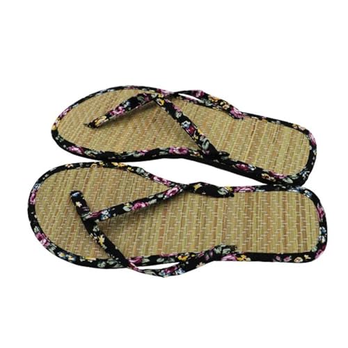 HWJFDC Damen Schlappen Sommer Damen Strohmatte Hausschuhe Blumenriemen Flache Flip-Flops Freizeit Rattan Gras Weben Hausschuhe(Color2,39) von HWJFDC