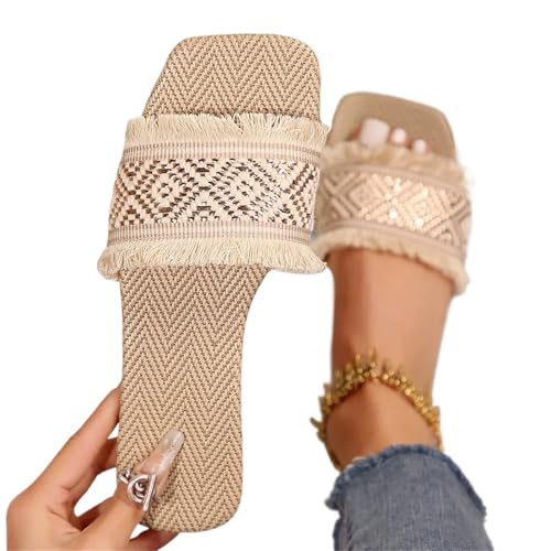 HWJFDC Damen Schlappen Sommer Frauen Sommer Stroh Woven Casual Hausschuhe Outdoor Flip-Flops Flache Damen Sandalen Und Hausschuhe(Beige,38) von HWJFDC