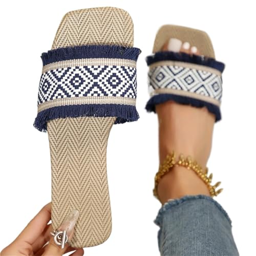 HWJFDC Damen Schlappen Sommer Frauen Sommer Stroh Woven Casual Hausschuhe Outdoor Flip-Flops Flache Damen Sandalen Und Hausschuhe(Dark Blue,43) von HWJFDC