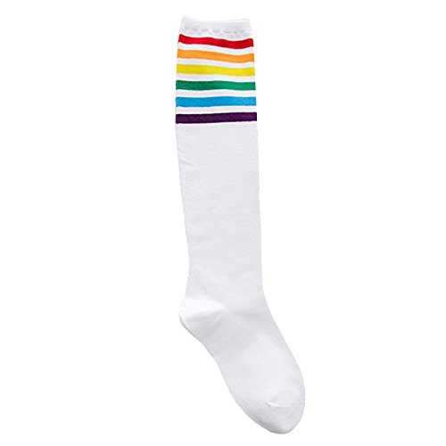 HWTOP Accessoires Hohe Socken Fußballsocken 1 Paar Sneaker Socken Kniestrümpfe Regenbogen Streifen Sportsocken Baumwollsocken Fußball Socken für Damen Mädchen, Weiß von HWTOP Accessoires