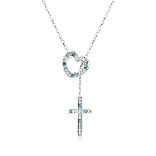 HXFFXHF Delicate Heart Cross Halskette 925 Sterling Silber für Frauen Mädchen glänzende CZ Religiöse Kreuzkette - Glauben Halskette mit Herz und Kreuz gotischer Punk -Katholik von HXFFXHF