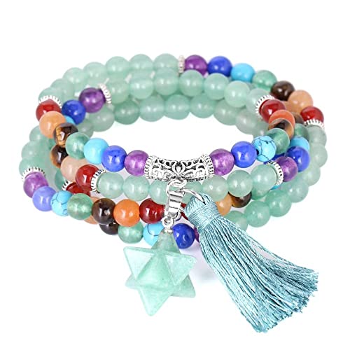 HXFFXHF Naturstein Amethystkristall für Frauen - 108 Perlen Grüne Aventurine Strang Armband, 7 Chakra -Halskette mit Quasten -Anhänger Energy Jewelry Green Aventurine von HXFFXHF