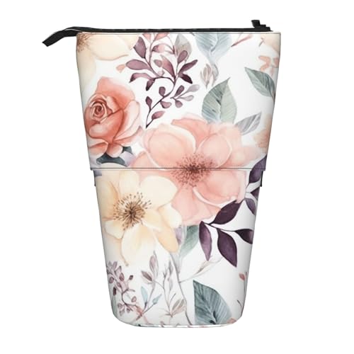 HXHAPGDC Aquarell-Blumenmuster gedruckt Teleskop-Federmäppchen, Ständer-Bleistifthalter mit Reißverschluss, Make-up-Tasche, Bleistiftbeutel, Stifttasche von HXHAPGDC