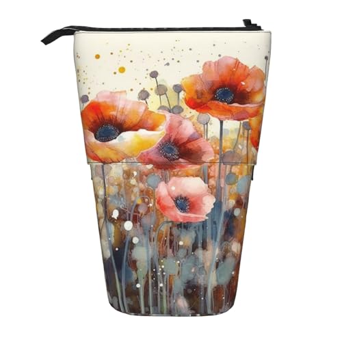 HXHAPGDC Aquarell-Druck mit roten Mohnblumen Teleskop-Federmäppchen, Ständer-Bleistifthalter mit Reißverschluss, Make-up-Tasche, Bleistiftbeutel, Stifttasche von HXHAPGDC