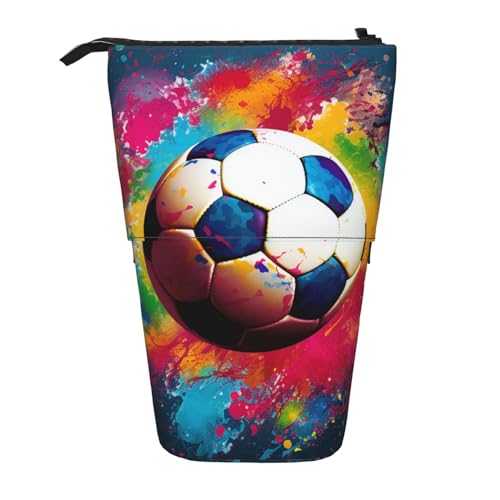 HXHAPGDC Bunter Fußballdruck Teleskop-Federmäppchen, Ständer-Bleistifthalter mit Reißverschluss, Make-up-Tasche, Bleistiftbeutel, Stifttasche von HXHAPGDC