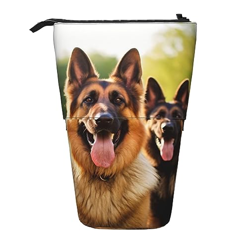 HXHAPGDC Fröhlicher Deutscher Schäferhund-Druck Teleskop-Federmäppchen, Ständer-Bleistifthalter mit Reißverschluss, Make-up-Tasche, Bleistiftbeutel, Stifttasche von HXHAPGDC