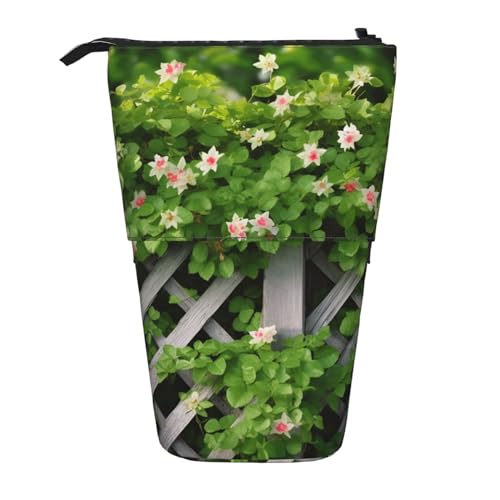 HXHAPGDC Frühlingsblumen-Zaundruck mit grünen Blättern Teleskop-Federmäppchen, Ständer-Bleistifthalter mit Reißverschluss, Make-up-Tasche, Bleistiftbeutel, Stifttasche von HXHAPGDC