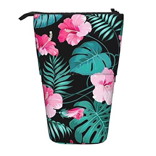 HXHAPGDC Hawaii rosa Blumendruck Teleskop-Federmäppchen, Ständer-Bleistifthalter mit Reißverschluss, Make-up-Tasche, Bleistiftbeutel, Stifttasche von HXHAPGDC