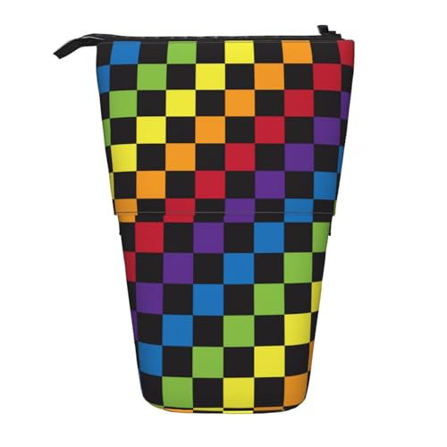 HXHAPGDC LGBT-Regenbogen-Kariertes Schachbrett Teleskop-Federmäppchen, Ständer-Bleistifthalter mit Reißverschluss, Make-up-Tasche, Bleistiftbeutel, Stifttasche von HXHAPGDC