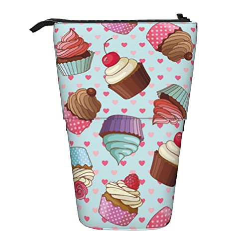 HXHAPGDC Leckerer Cupcake-Druck Teleskop-Federmäppchen, Ständer-Bleistifthalter mit Reißverschluss, Make-up-Tasche, Bleistiftbeutel, Stifttasche von HXHAPGDC