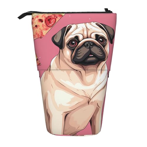 HXHAPGDC Mops-Pizza-Rosa-Druck Teleskop-Federmäppchen, Ständer-Bleistifthalter mit Reißverschluss, Make-up-Tasche, Bleistiftbeutel, Stifttasche von HXHAPGDC