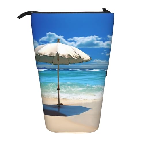 HXHAPGDC Regenschirm am Strand-Druck Teleskop-Federmäppchen, Ständer-Bleistifthalter mit Reißverschluss, Make-up-Tasche, Bleistiftbeutel, Stifttasche von HXHAPGDC