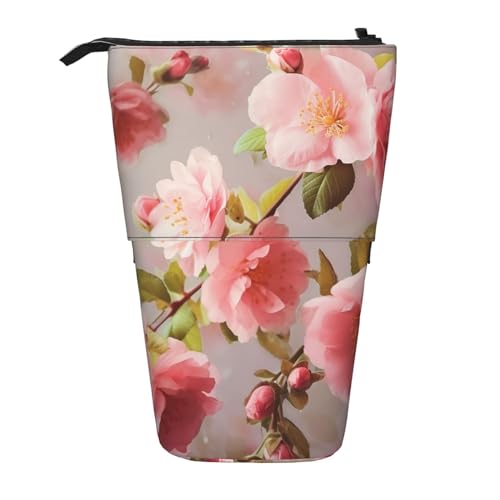 HXHAPGDC Rosa Blumen Bedruckt Teleskop-Federmäppchen, Ständer-Bleistifthalter mit Reißverschluss, Make-up-Tasche, Bleistiftbeutel, Stifttasche von HXHAPGDC