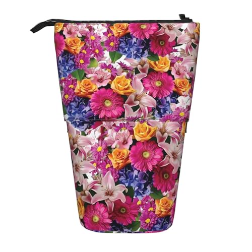 HXHAPGDC Rosa Blumen und goldene Rosen gedruckt Teleskop-Federmäppchen, Ständer-Bleistifthalter mit Reißverschluss, Make-up-Tasche, Bleistiftbeutel, Stifttasche von HXHAPGDC