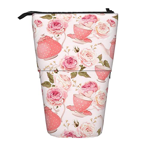 HXHAPGDC Rosa Teekanne-Druck Teleskop-Federmäppchen, Ständer-Bleistifthalter mit Reißverschluss, Make-up-Tasche, Bleistiftbeutel, Stifttasche von HXHAPGDC