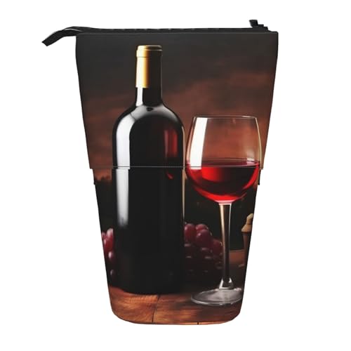 HXHAPGDC Rotwein- und Flaschendruck Teleskop-Federmäppchen, Ständer-Bleistifthalter mit Reißverschluss, Make-up-Tasche, Bleistiftbeutel, Stifttasche von HXHAPGDC