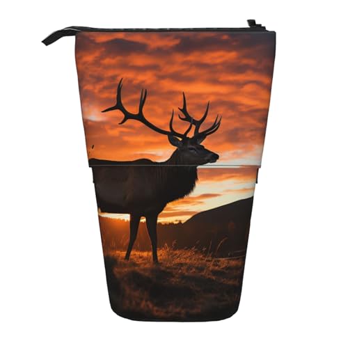 HXHAPGDC Rotwild-Stier-Elch-Sonnenuntergang-Druck Teleskop-Federmäppchen, Ständer-Bleistifthalter mit Reißverschluss, Make-up-Tasche, Bleistiftbeutel, Stifttasche von HXHAPGDC