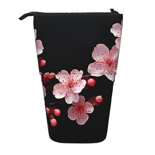 HXHAPGDC Sakura auf schwarzem Druck Teleskop-Federmäppchen, Ständer-Bleistifthalter mit Reißverschluss, Make-up-Tasche, Bleistiftbeutel, Stifttasche von HXHAPGDC