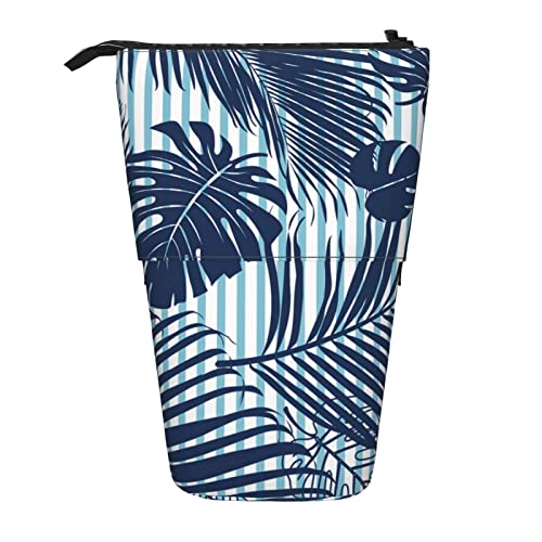 HXHAPGDC Sommer-Navy-Blau-Tropenwald-Blätter-Heller Druck Teleskop-Federmäppchen, Ständer-Bleistifthalter mit Reißverschluss, Make-up-Tasche, Bleistiftbeutel, Stifttasche von HXHAPGDC