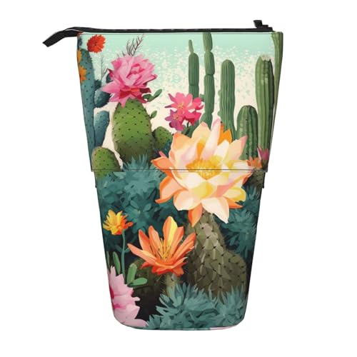 HXHAPGDC Sommerlicher Blumen-Kaktus-Druck Teleskop-Federmäppchen, Ständer-Bleistifthalter mit Reißverschluss, Make-up-Tasche, Bleistiftbeutel, Stifttasche von HXHAPGDC