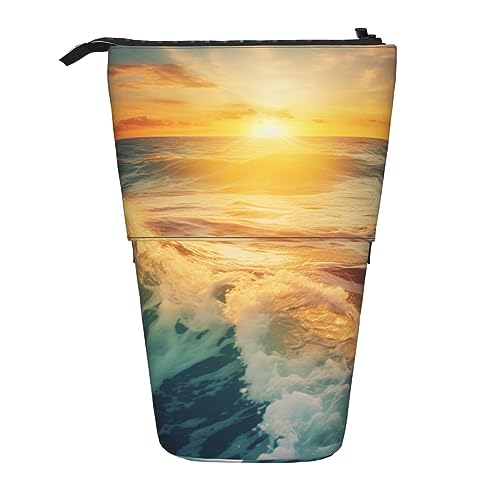 HXHAPGDC Sonnenuntergang und Sonnenaufgang mit Meereswellen-Druck Teleskop-Federmäppchen, Ständer-Bleistifthalter mit Reißverschluss, Make-up-Tasche, Bleistiftbeutel, Stifttasche von HXHAPGDC