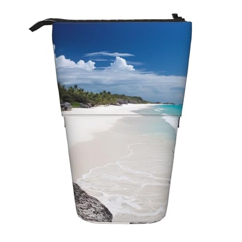 HXHAPGDC Weißer Stranddruck Teleskop-Federmäppchen, Ständer-Bleistifthalter mit Reißverschluss, Make-up-Tasche, Bleistiftbeutel, Stifttasche von HXHAPGDC