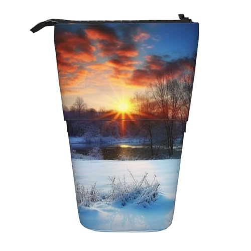 HXHAPGDC Winter-Sonnenaufgang-Sonnenuntergang-Landschaftsdruck Teleskop-Federmäppchen, Ständer-Bleistifthalter mit Reißverschluss, Make-up-Tasche, Bleistiftbeutel, Stifttasche von HXHAPGDC