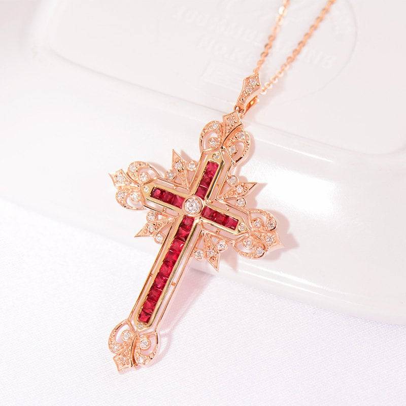1.20Ctw Diamant Und Rubin Kreuz Anhänger Halskette in Massivem 18K Gold/Benutzerdefinierter Feinschmuck/Personalisierung Design/Geschenk Für Frauen von HXJewelry