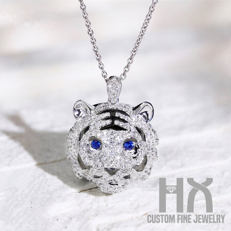 1.55Ctw Diamant Und Saphir 3D Tiger Anhänger in Massivem 18K Gold/Benutzerdefinierter Feinschmuck/Geschenk Für Frauen Mädchen/(Nur Anhänger von HXJewelry