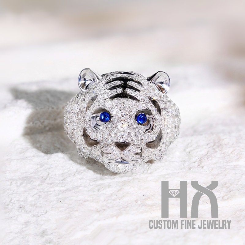 2.25Ctw Diamant Und Saphir 3D Tiger Ring in Massivem 18K Gold/Tiger Liebhaber Ring/Personalisierter Schmuck/Personalisierung Design von HXJewelry