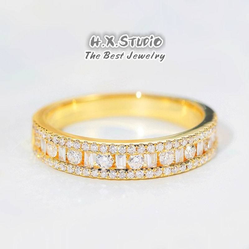 Baguette Und Runder Brillant Diamant Ring in Massivem 18K Gold/Täglicher Ehering/Individueller Feinschmuck/Personalisierung Design/Geschenk Für Sie von HXJewelry