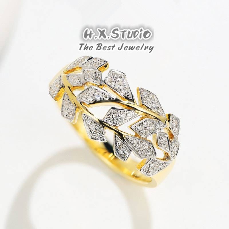 Diamant Blätter Ring in 18K 2-Ton Gold/Diamant Blatt Ast Band/Natur Inspirierter Ring/Individueller Schmuck/Geschenk Für Frauen Und Mädchen von HXJewelry