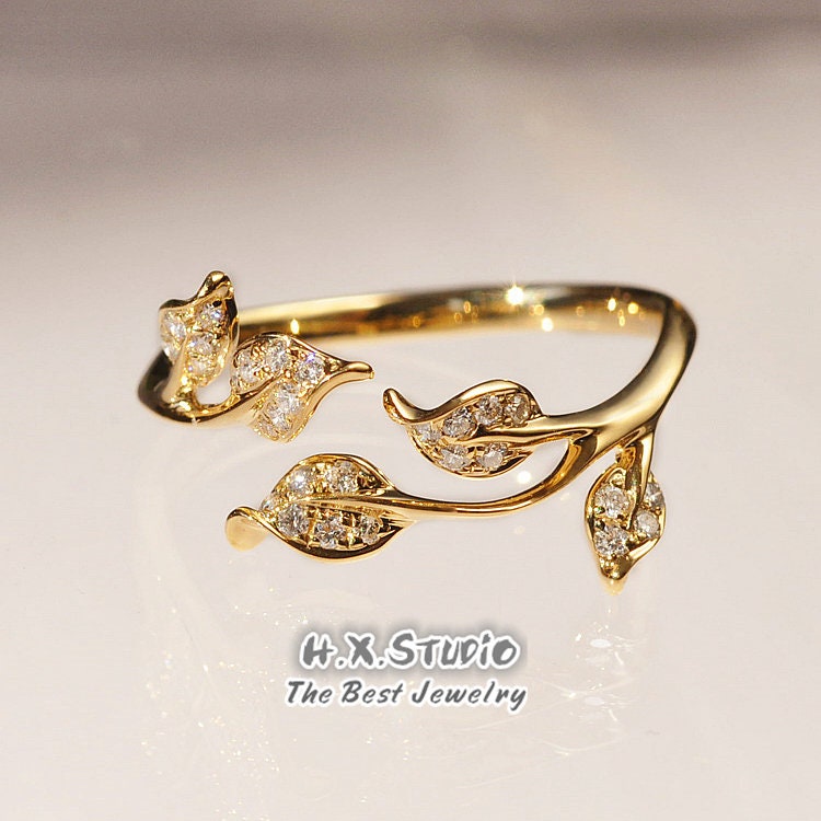 Diamant Blatt Ehering in Massivem 18K Gold/Zweig Stapelring/Natur Inspirierter Statement Ring/Efeu Ring/Individueller Schmuck/Geschenk Für Sie von HXJewelry