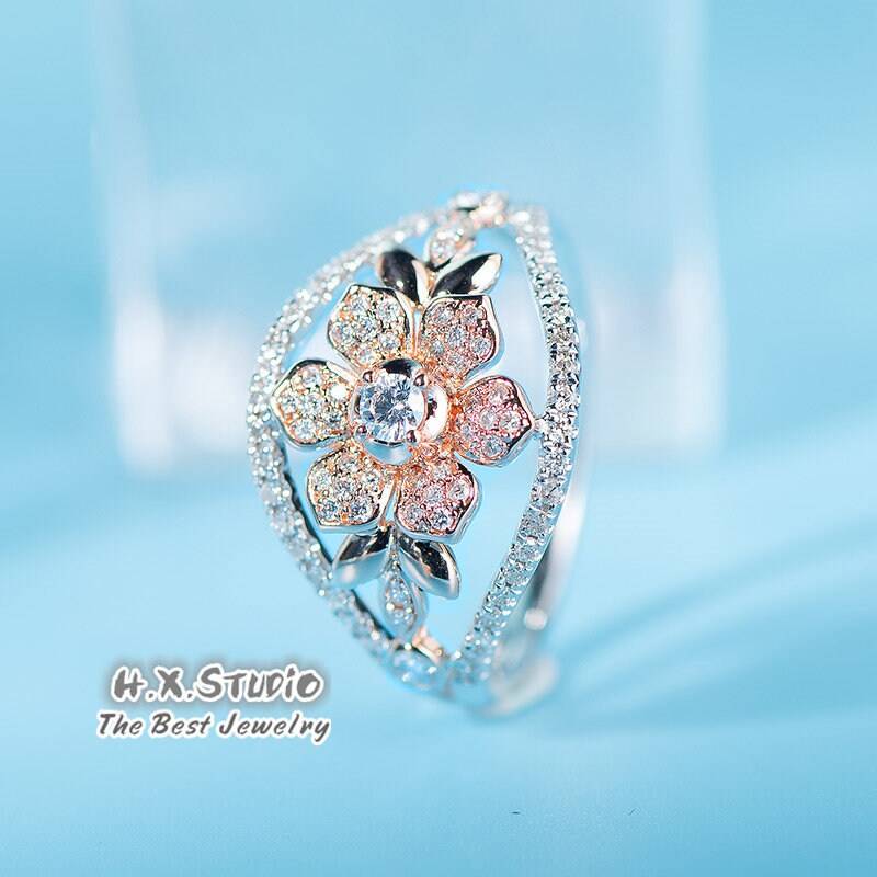 Diamant Blume Ring in Massivem 18K 2 Ton Gold/Sakura Blumen Statement Ring/Personalisierter Schmuck/Geschenk Für Frauen Und Mädchen von HXJewelry