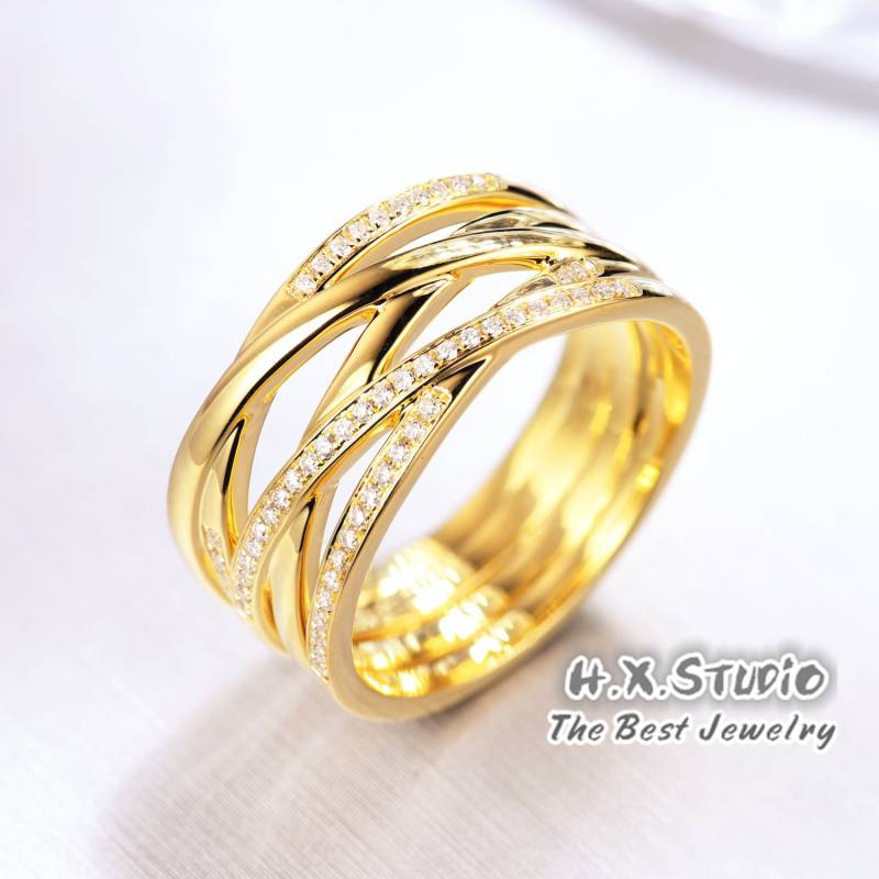 Diamant Crisscross Ring Aus Massivem 18K Gold/Mehrschichtiges Band/Benutzerdefinierter Feinschmuck/Personalisierung Design/Geschenk Für Frauen Und von HXJewelry