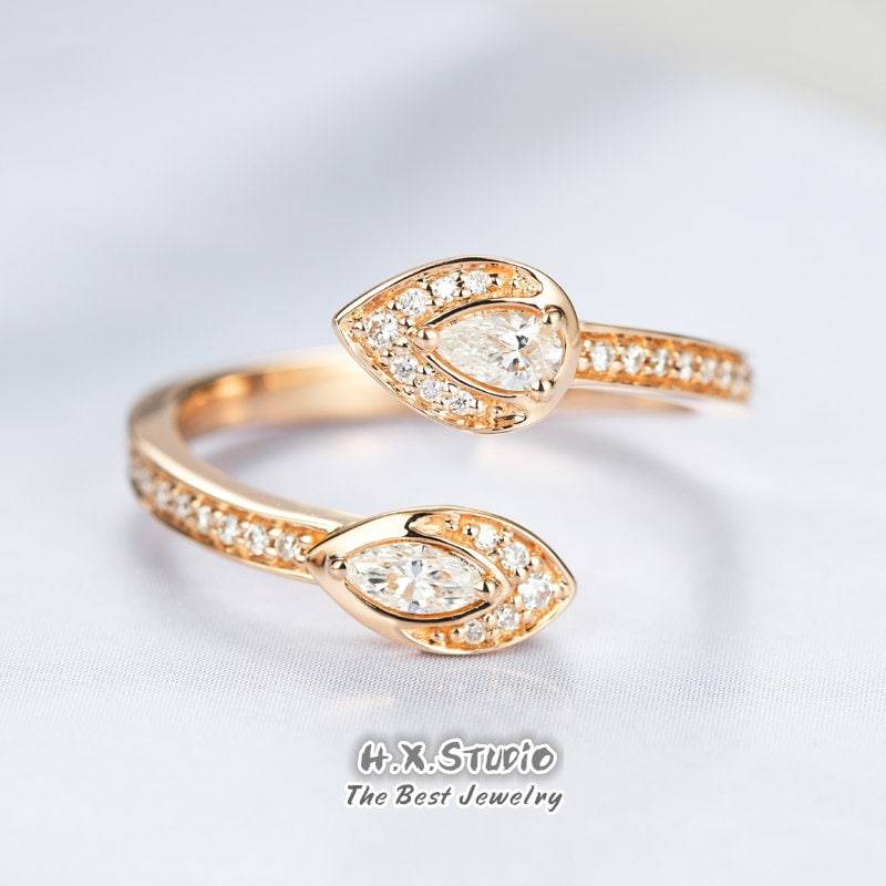 Diamant Doppelkopf Wickelring in Massivem 18K Gold/Birne Marquise Offener Ring/Benutzerdefinierter Feiner Schmuck/Geschenk Für Frauen Und Mädchen von HXJewelry